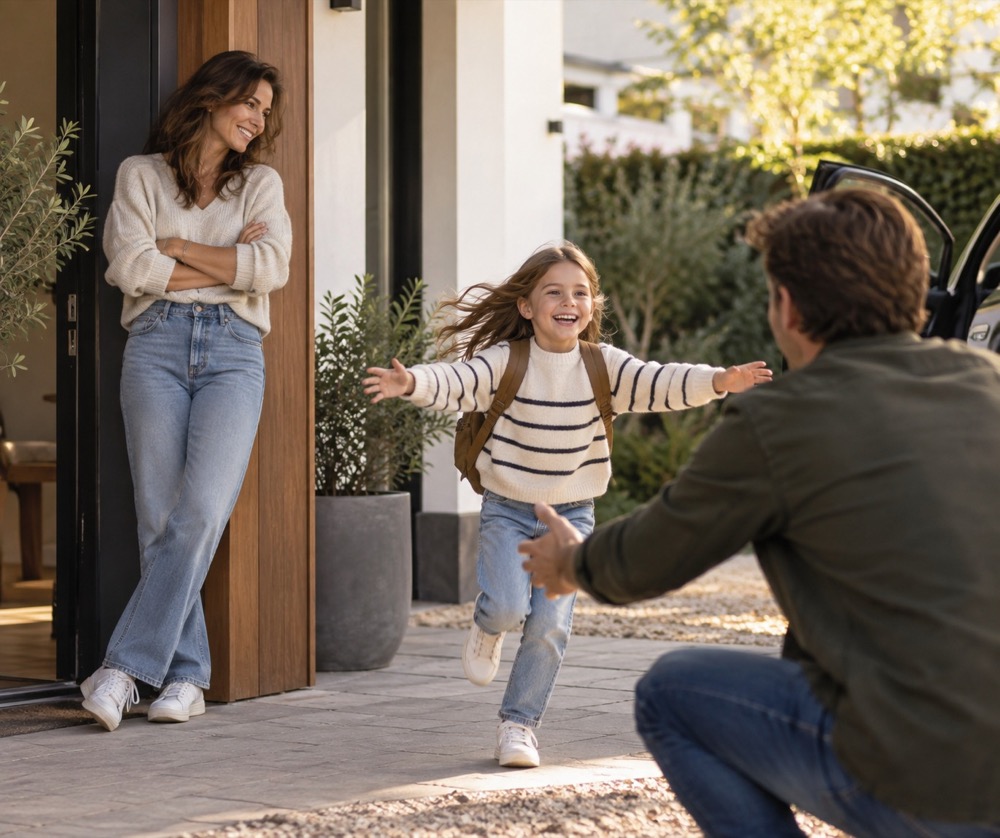 Kind van gescheiden ouders gaat van moeder naar vader. Moeder kijkt het kind na vanuit de deuropening. Het kind loopt blij naar de andere ouder, met een rugzakje op.